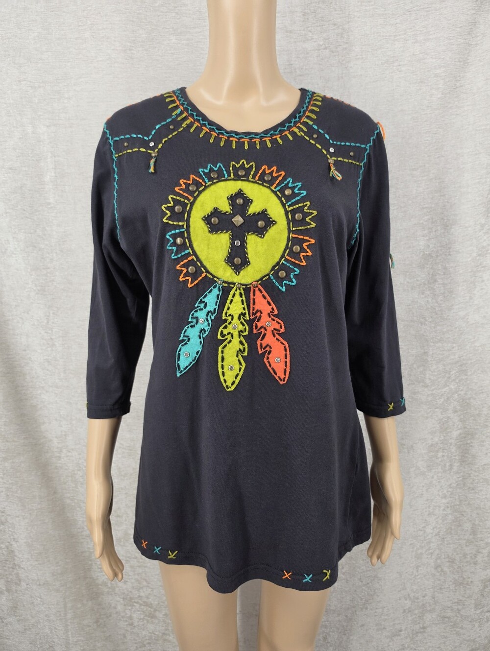 Upcycled Tee Western Boho Southwest Feathers Fringe Embroidery Studs Cross